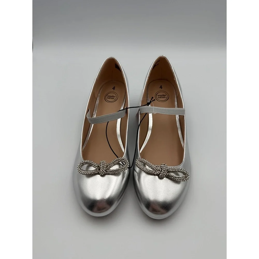 Wonder Nation Girls Silver Metallic Mary Jane Block Heels Sz4 Rhinestone Bow NWT
